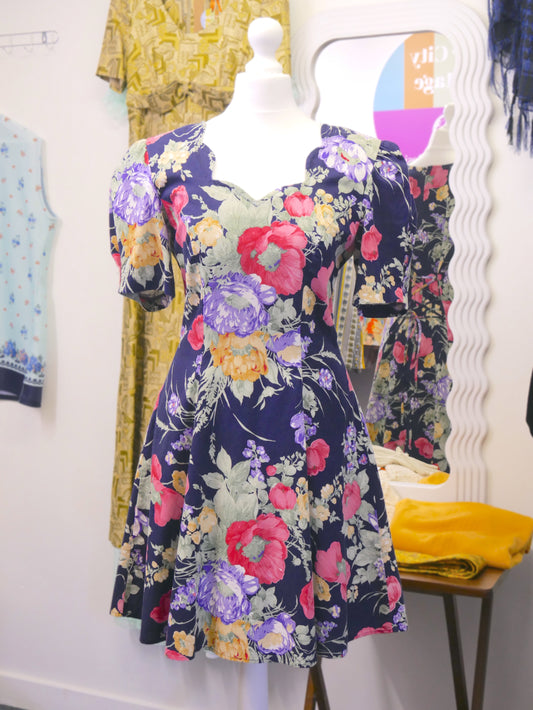1980s Scalloped Floral Dress