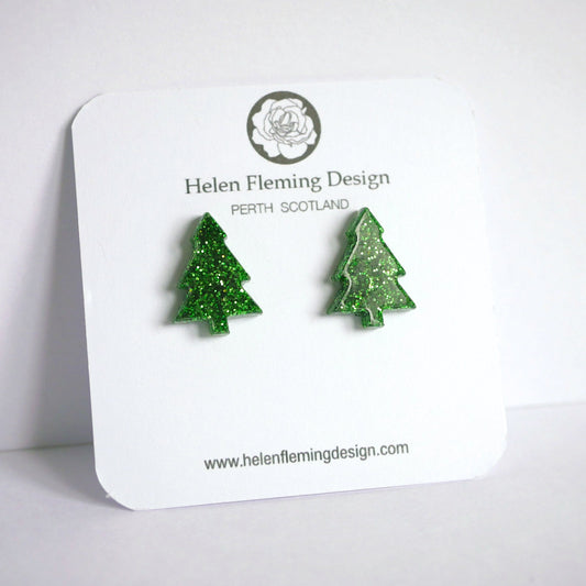 Green Sparkly Christmas Tree Stud Earrings