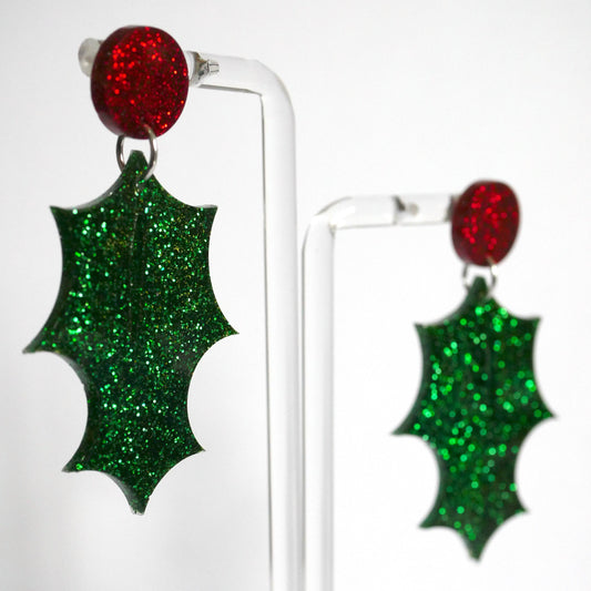 Dangly Sparkly Holly Leaf Earrings