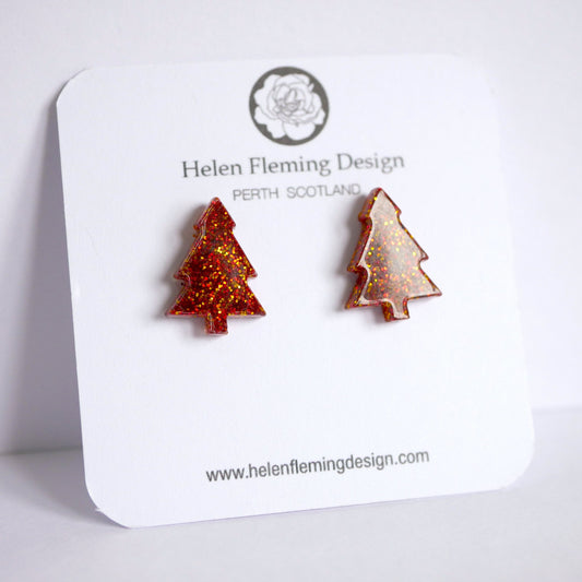 Red and Gold Sparkly Christmas Tree Stud Earrings